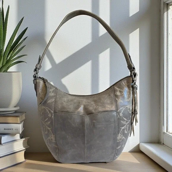The Sak Gray Leather Handbag Floral Embossed Hobo Shoulder Bag - Picture 8 of 9